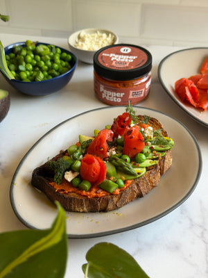 Spring Red Pepper Pesto Avocado Toast with Peas, Dill & Smoked Salmon