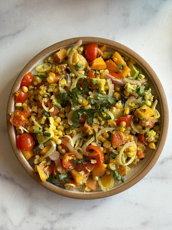Tomato, Corn, Peach & Avocado Pistachio Pesto Salad